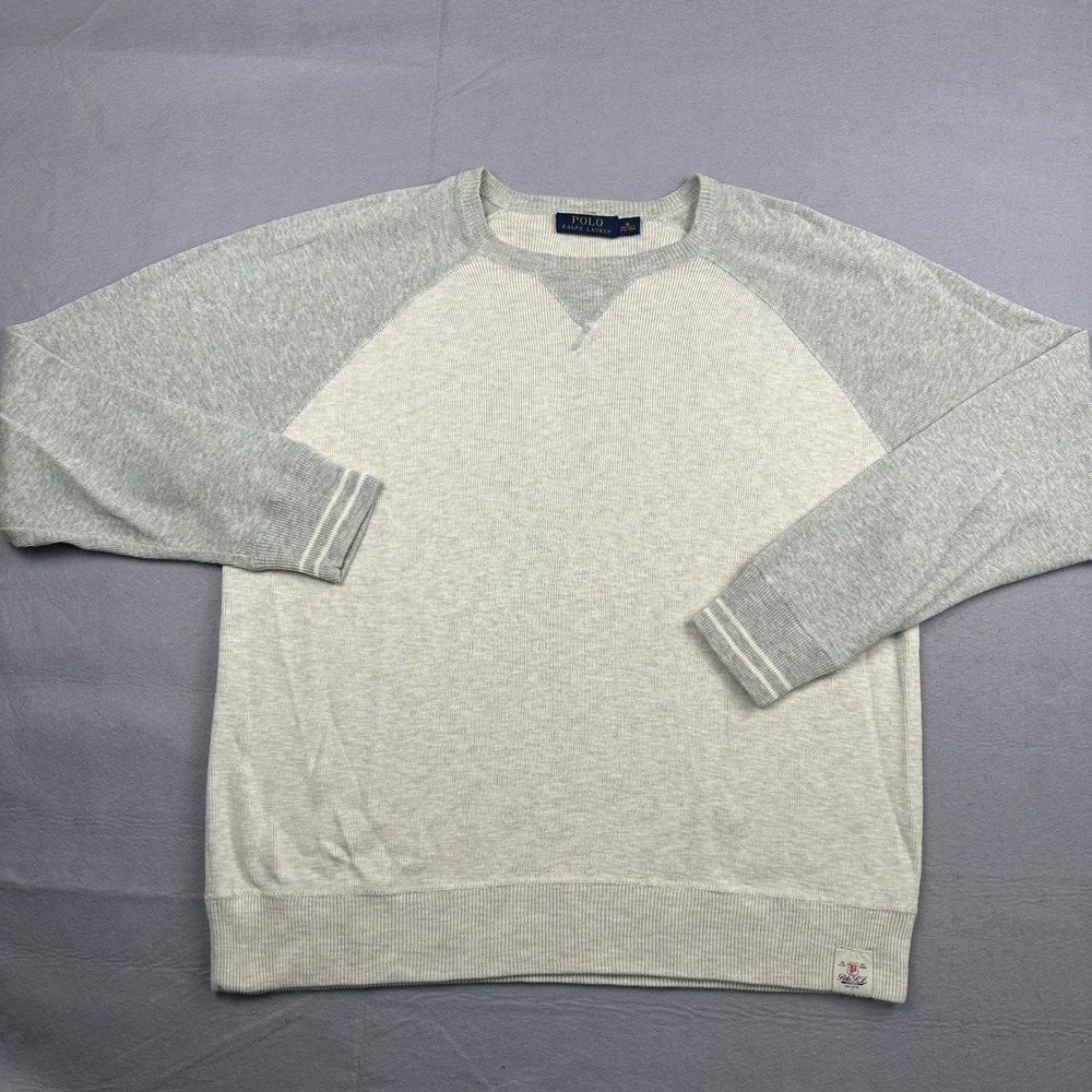 Polo Ralph Lauren Mens Medium Grey Two Tone Raglan Cotton Knit Crewneck Sweater